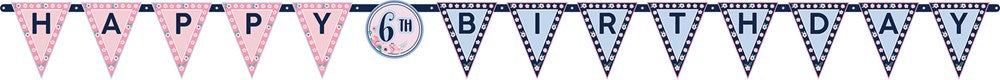 Blue and white triangular flag banner with "HAPPY 6th BIRTHDAY" letters and star designs.