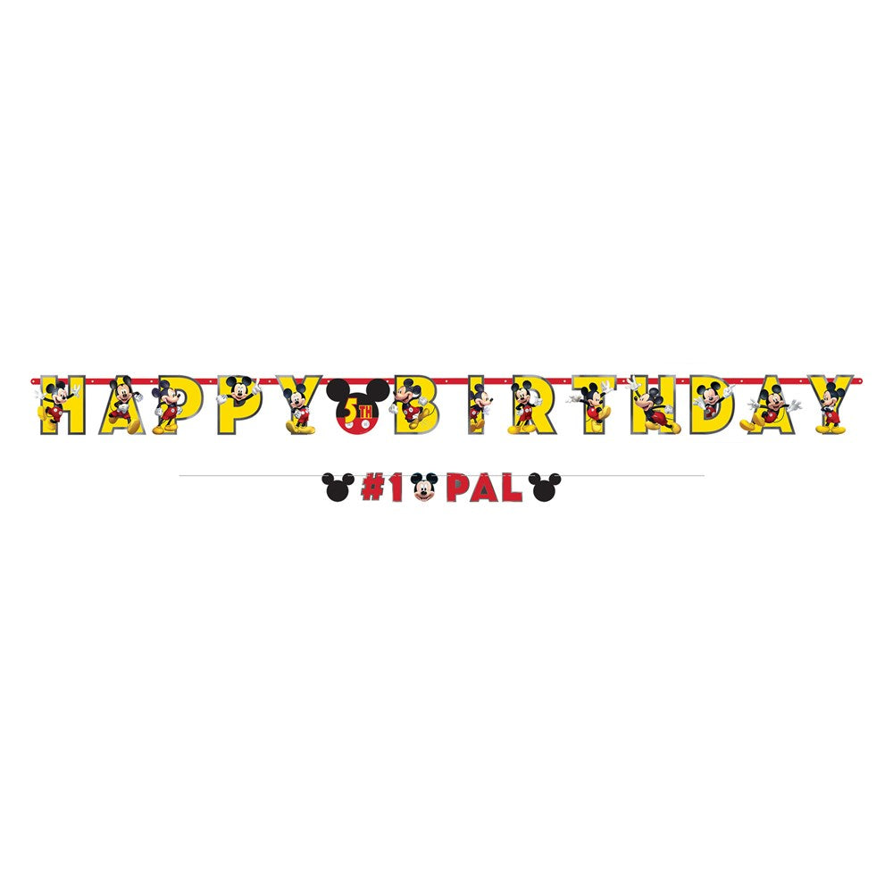 Colorful jumbo letter banner spelling "HAPPY BIRTHDAY" with Mickey Mouse pattern and personalized black and red letters.