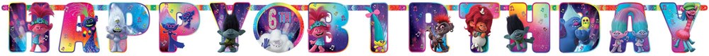 Colorful Jumbo Letter Banner Kit spelling "Happy Birthday" with Trolls World Tour characters and vibrant, playful patterns.