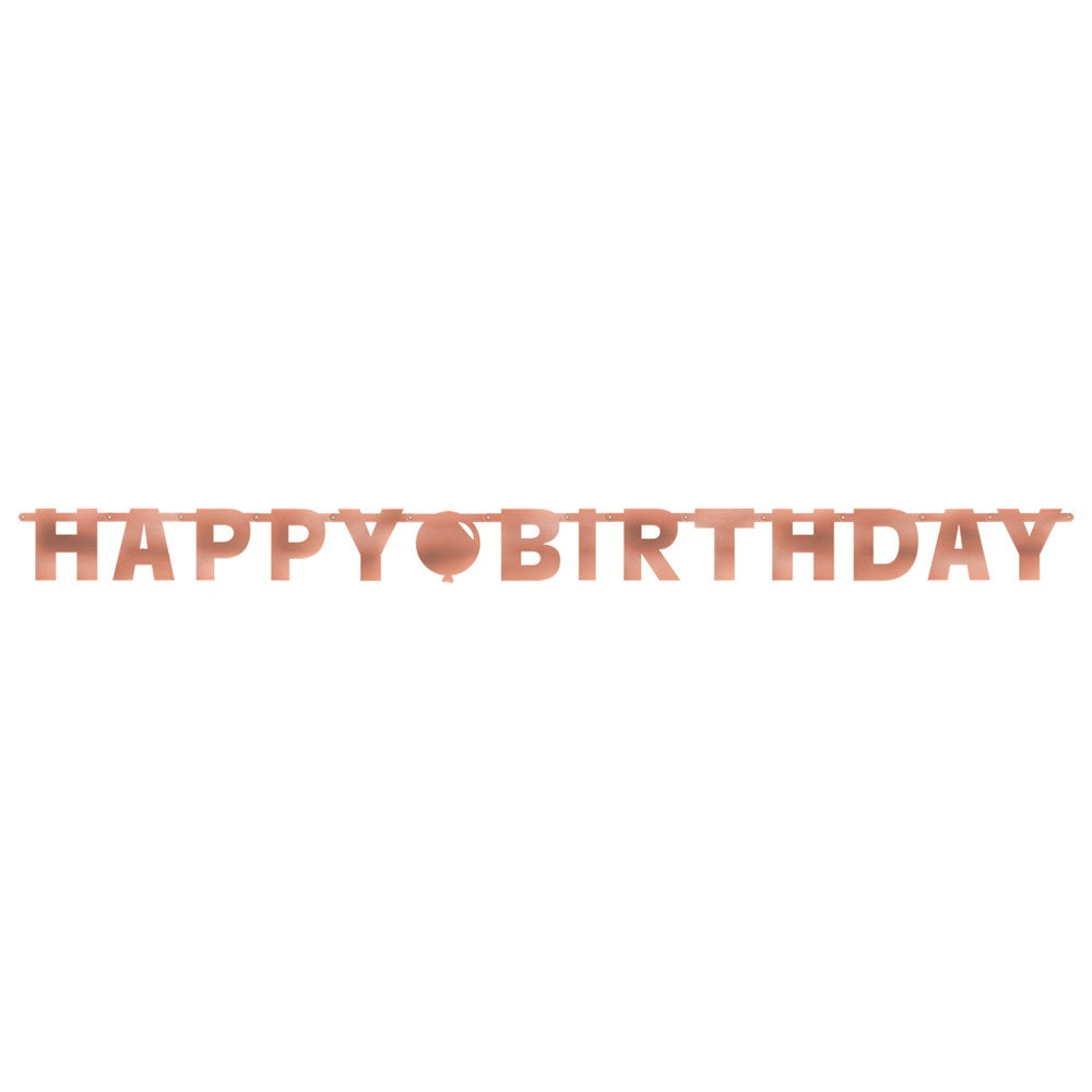 Blush pink letter banner spelling "HAPPY BIRTHDAY" with a heart-shaped balloon between words, glossy finish.
