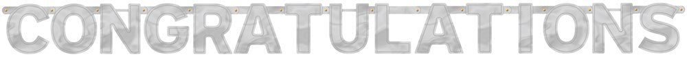 Silver foil large letter banner spelling "CONGRATULATIONS" for celebrations and parties.
