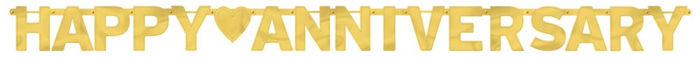 Gold foil letter banner spelling "HAPPY ANNIVERSARY" with a heart shape between words.