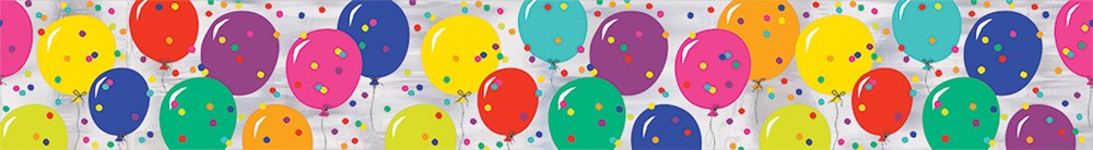 Colorful foil balloons banner featuring pink, orange, yellow, green, blue, and purple balloons with white polka dots on a.