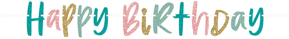 Colorful "Happy Birthday" letter banner in playful, hand-painted style with varied pastel shades.