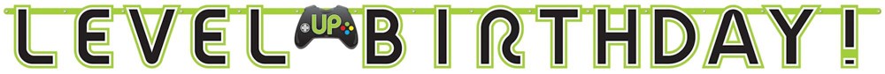 Black and green alphabet banner spelling "LEVEL UP BIRTHDAY" with pixelated video game font style.