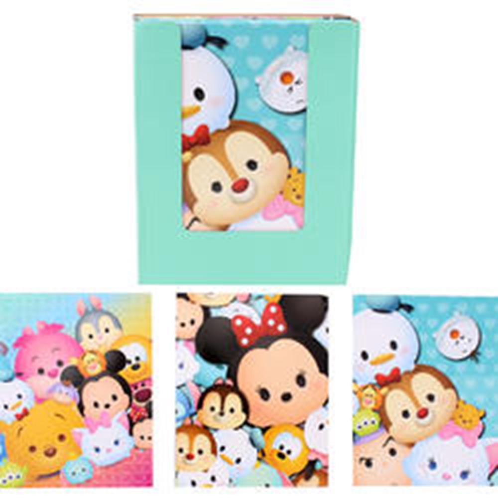 Light blue Disney Tsum Tsum folder with stacked round Disney character faces in pastel colors.