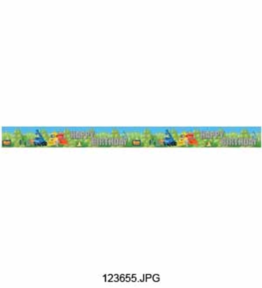 Colorful 5-yard Bob The Builder birthday banner with character images and green grass background.