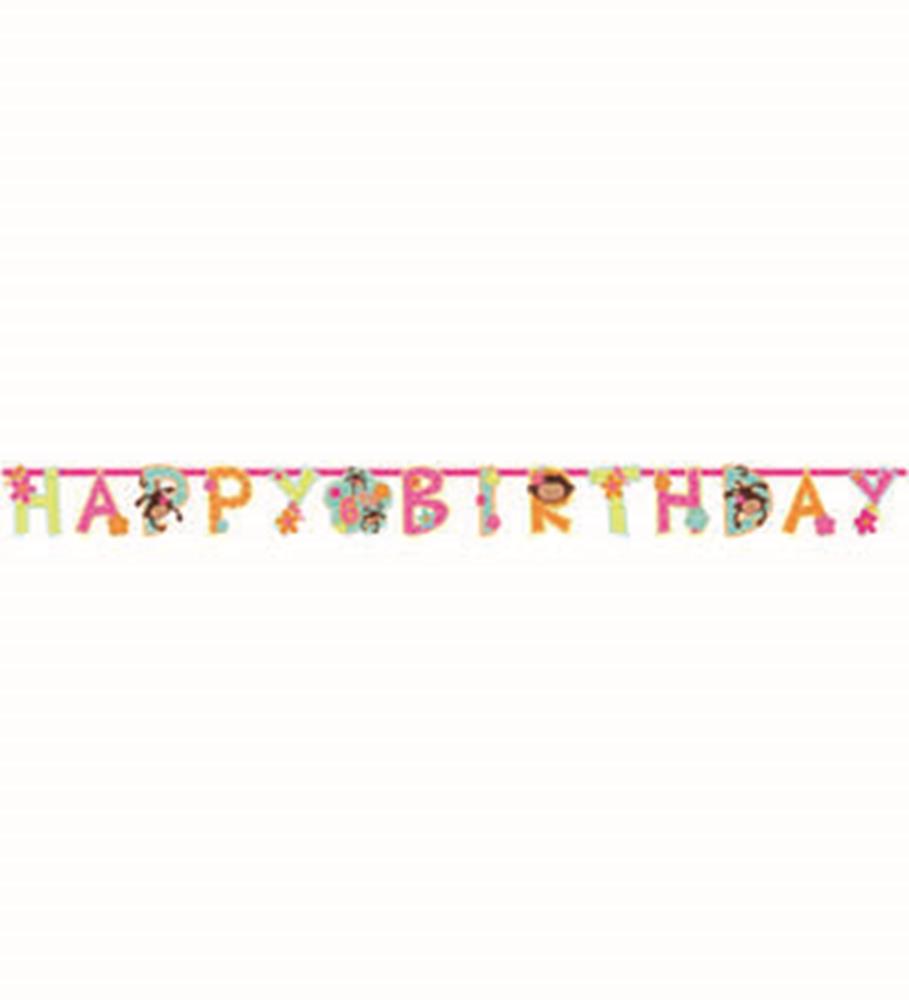 Colorful "Happy Birthday" banner with playful monkey and banana illustrations on each letter, strung on pink ribbon.