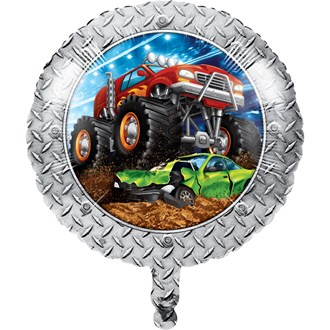 Round foil balloon with silver tire tread border and a red monster truck crushing a green car on muddy ground.