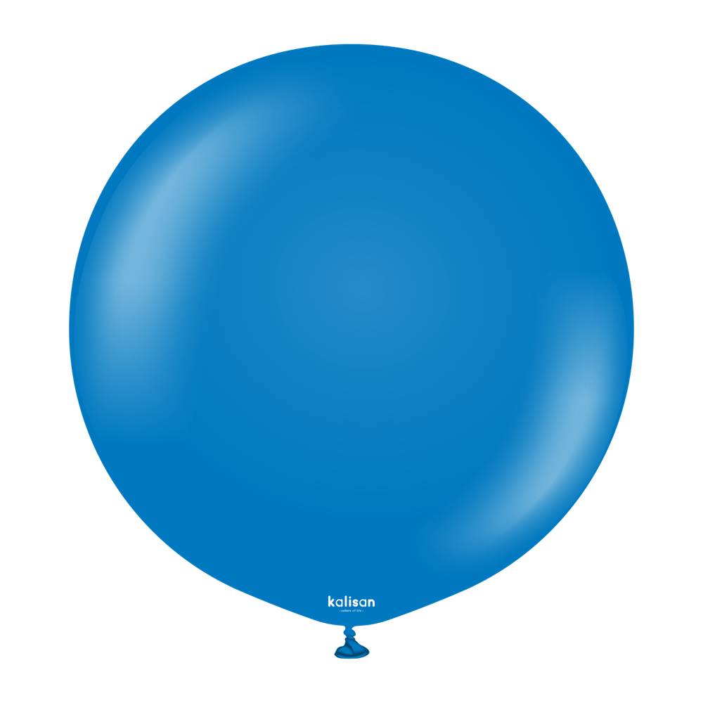 Large round blue latex balloon with a shiny surface and a tied end.