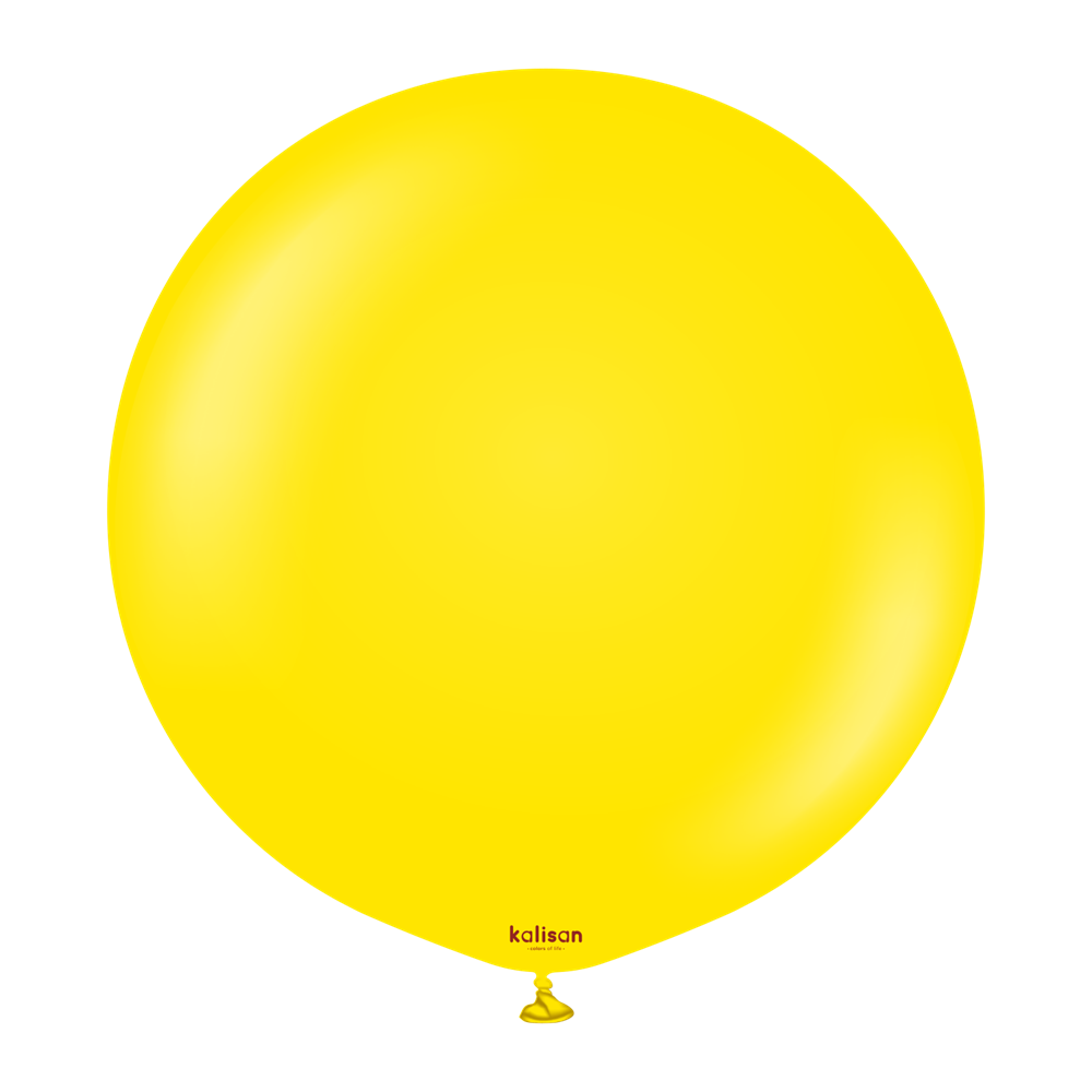Bright yellow round latex balloon with a smooth surface and a tied neck at the bottom.