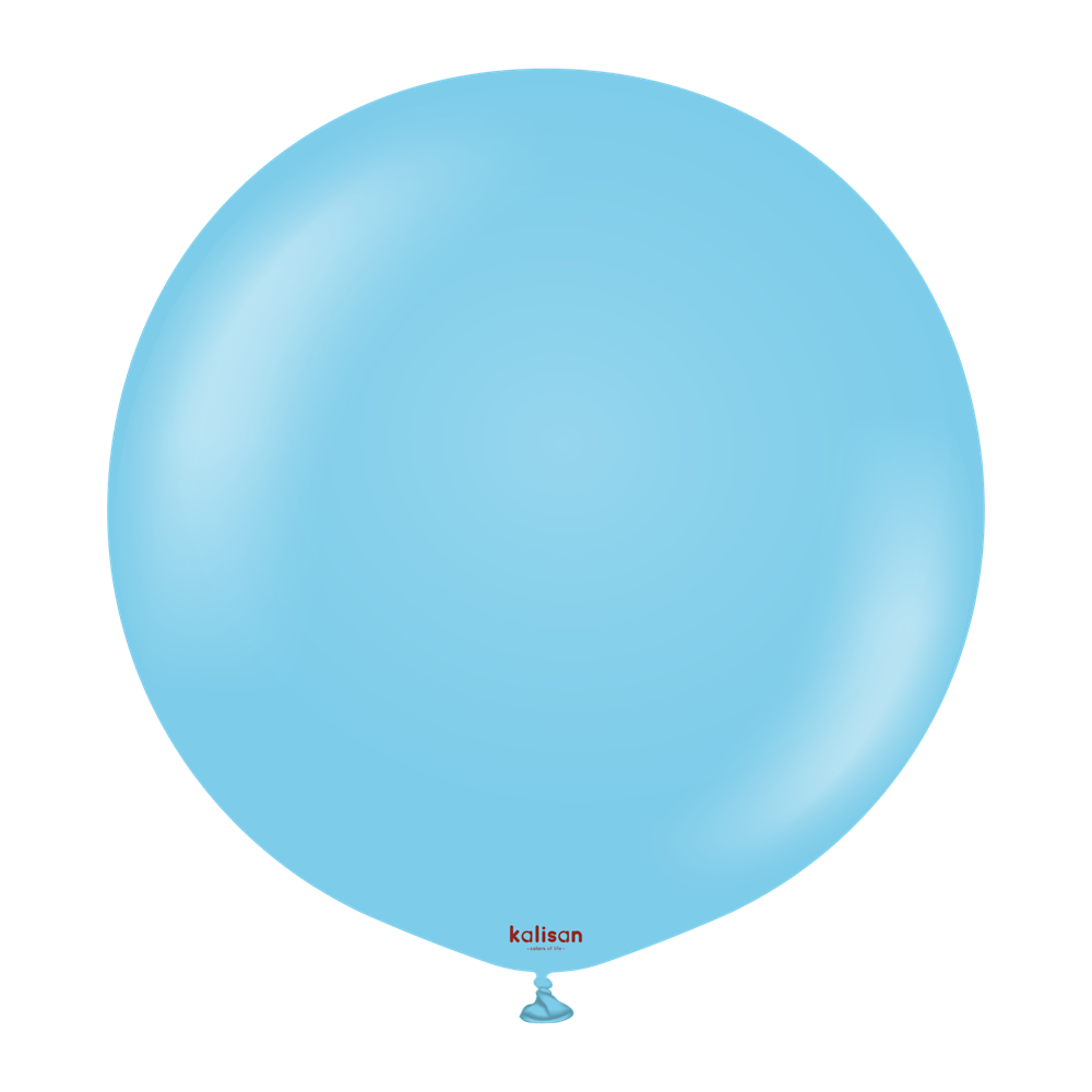 Two 24-inch round baby blue latex balloons with a smooth surface and small tied ends.