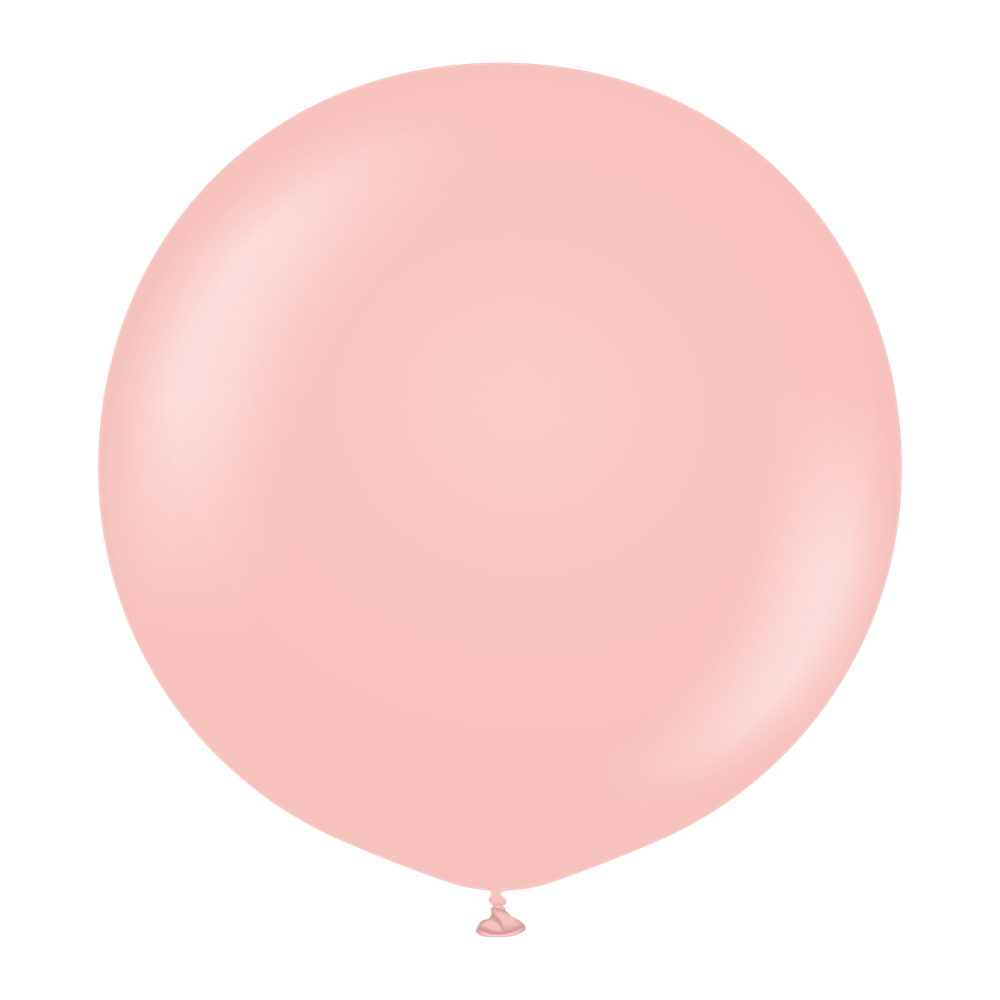 Round baby pink balloon made of shiny latex, 24-inch diameter, tied at the bottom.