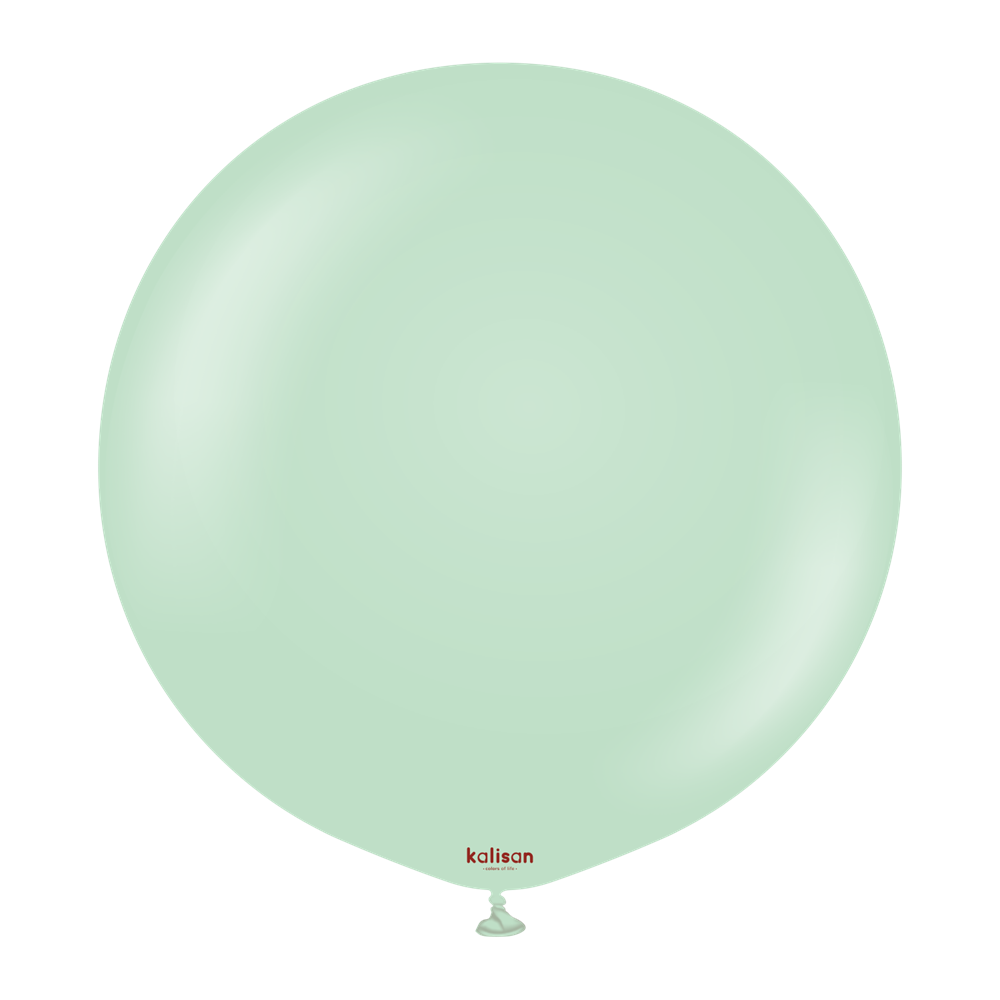 24-inch round macaron green latex balloon with a smooth, matte finish, inflated and tied at the bottom.