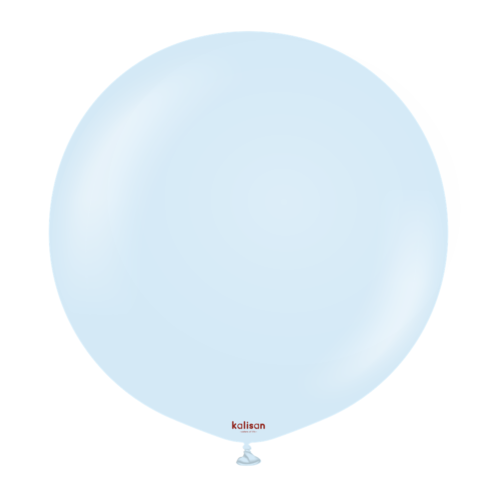 Two 24-inch round baby blue latex balloons with a smooth matte finish, labeled Kalisan Macaron.