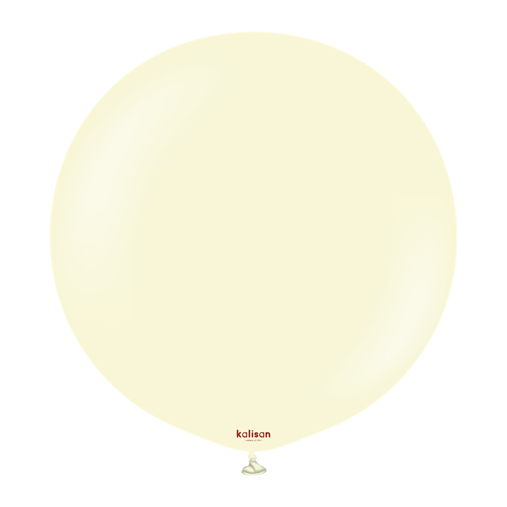 Pale yellow 24-inch round latex balloon with small knot at the bottom and "kalisan" logo near base.