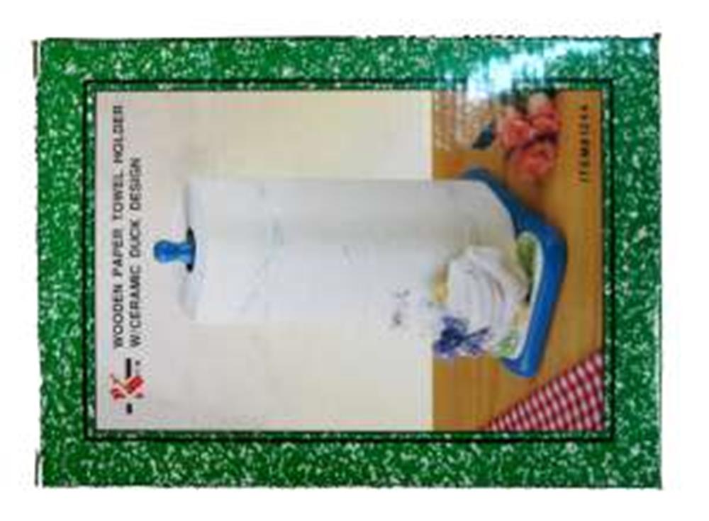 White duck-shaped towel holder with blue base and handle, colorful painted details on neck and wings.