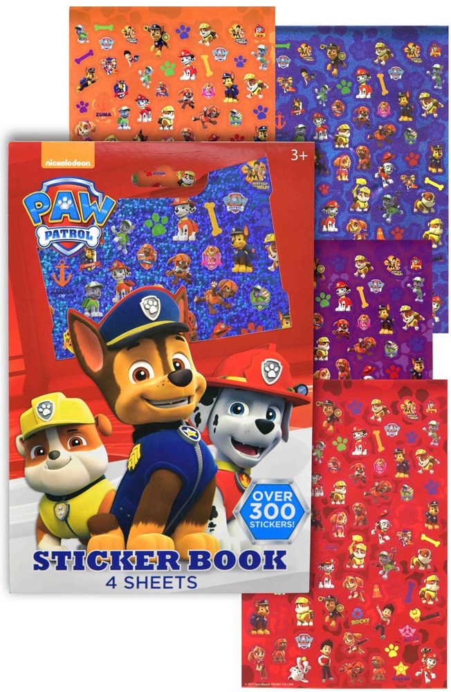 Paw Patrol sticker pad with four colorful sheets featuring characters on orange, blue, purple, and red backgrounds.
