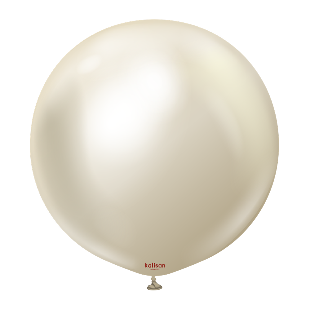 24-inch round white gold latex balloon with a shiny, mirror-like surface.