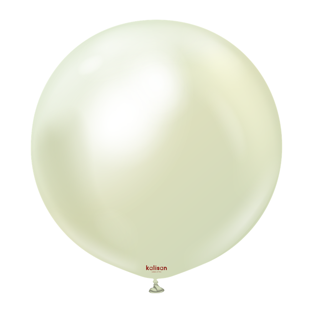 Round mirror with green-gold tint and subtle reflective glow, 24 inches diameter.