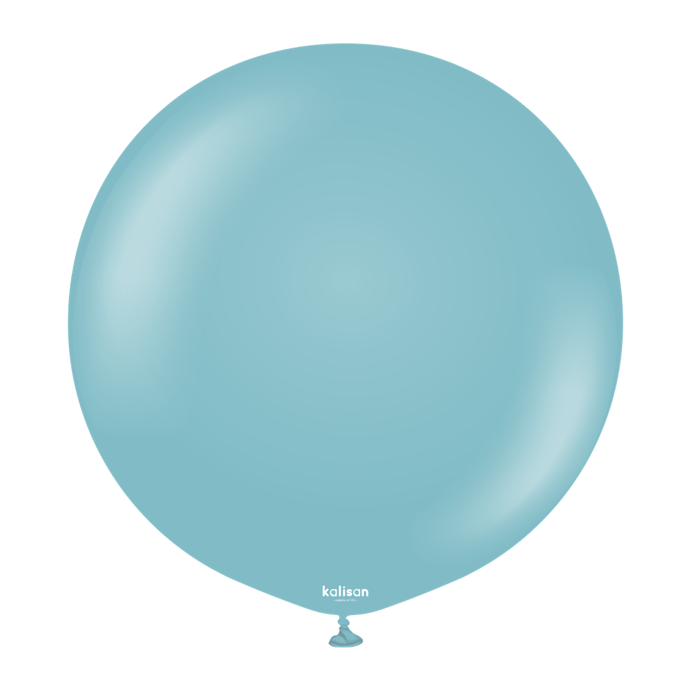Large round light blue latex balloon with a smooth glossy finish and a tied end at the bottom.