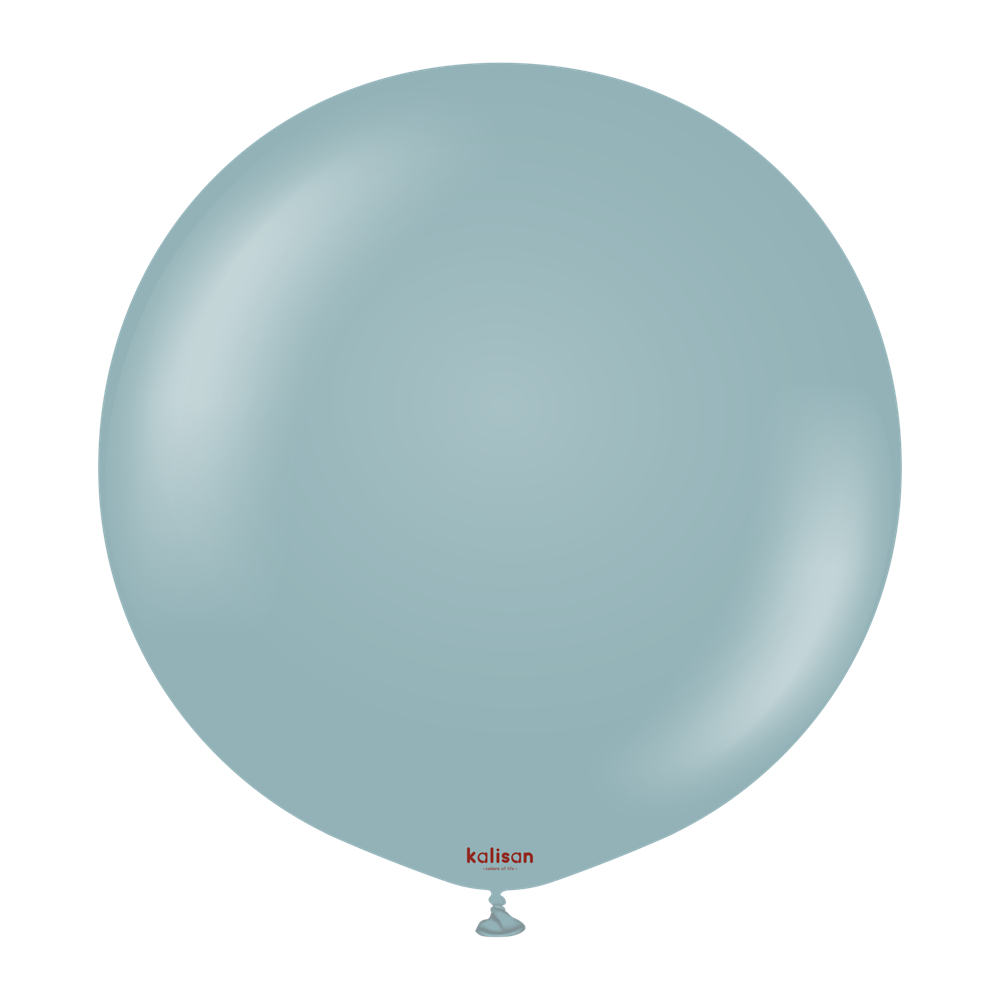 Light blue glossy latex balloon with small red "kalisan" logo near the knot.
