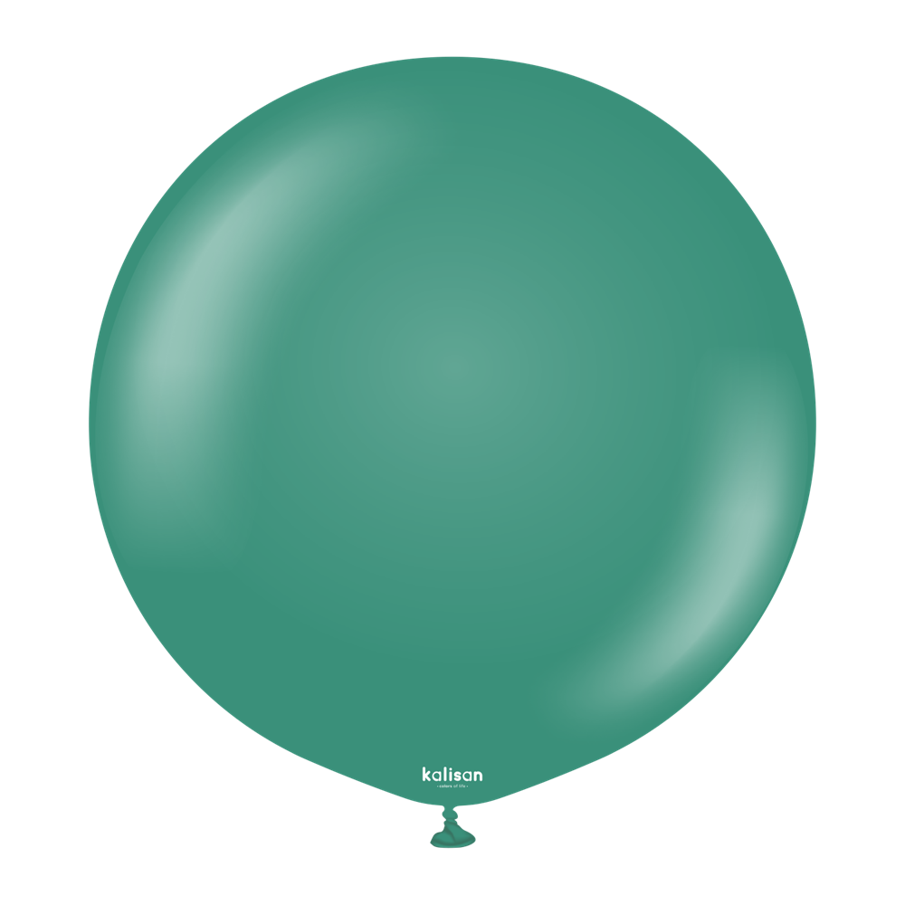 Round sage green latex balloon with glossy finish, 24 inches diameter, inflated and tied at the bottom.