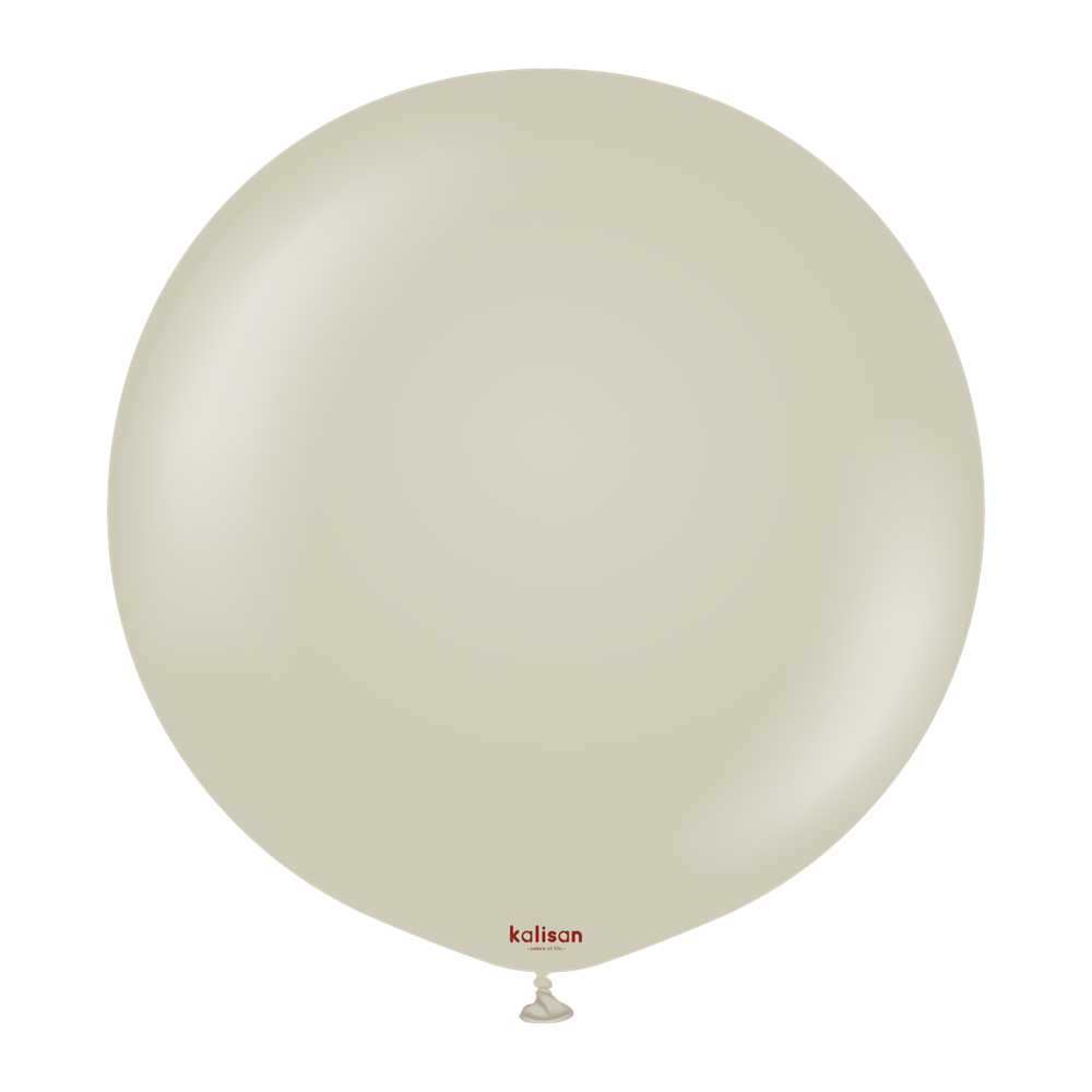 24-inch round beige latex balloon with small red "kalisan" logo near the bottom valve.
