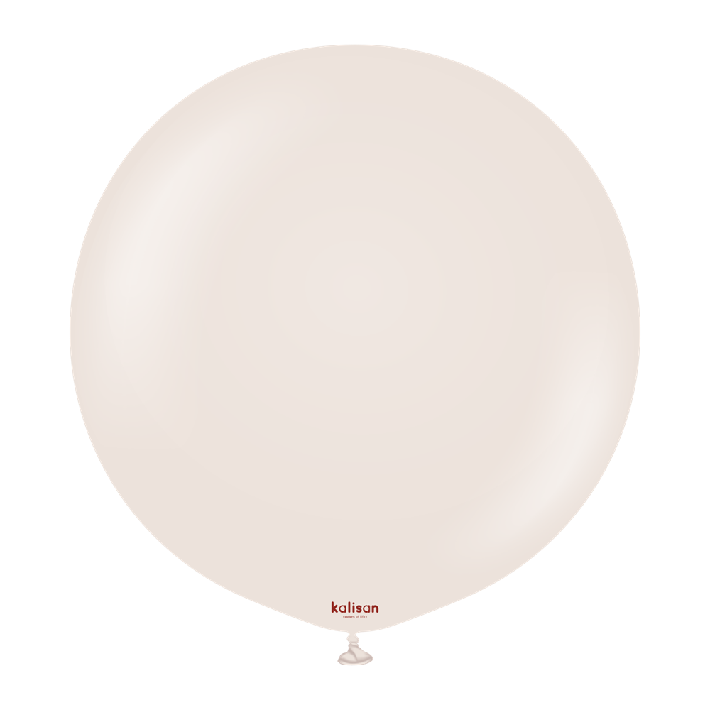 Round 24-inch white sand latex balloon with a smooth, matte surface and small red logo near the knot.