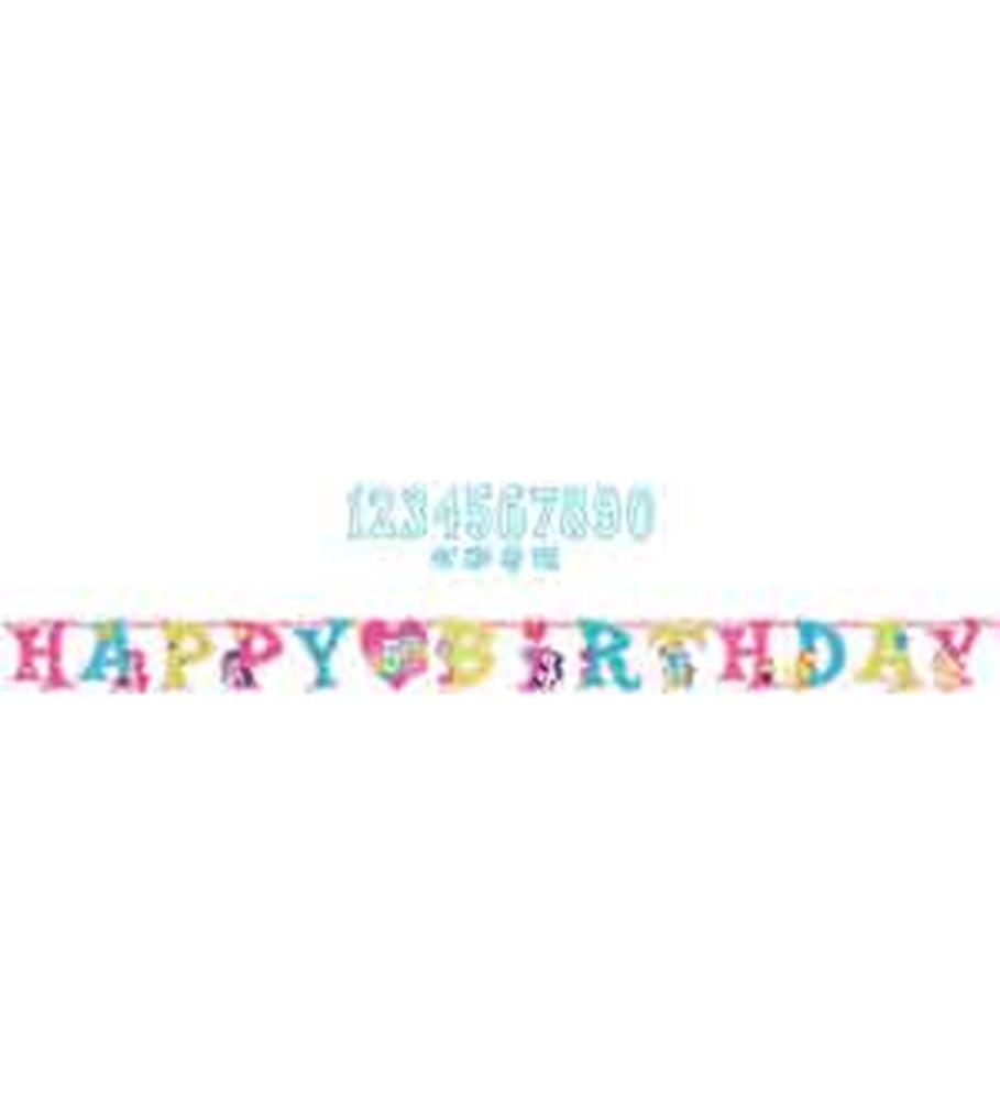 Colorful My Little Pony themed jumbo birthday banner with large vibrant letters and character illustrations.