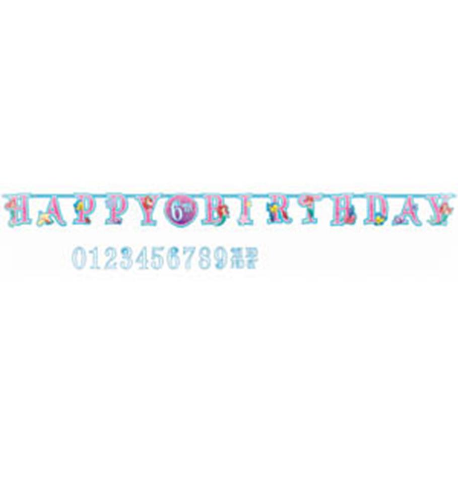 Colorful "Happy Birthday" banner with playful mermaid-themed letters and matching numeric age banners in pastel shades.