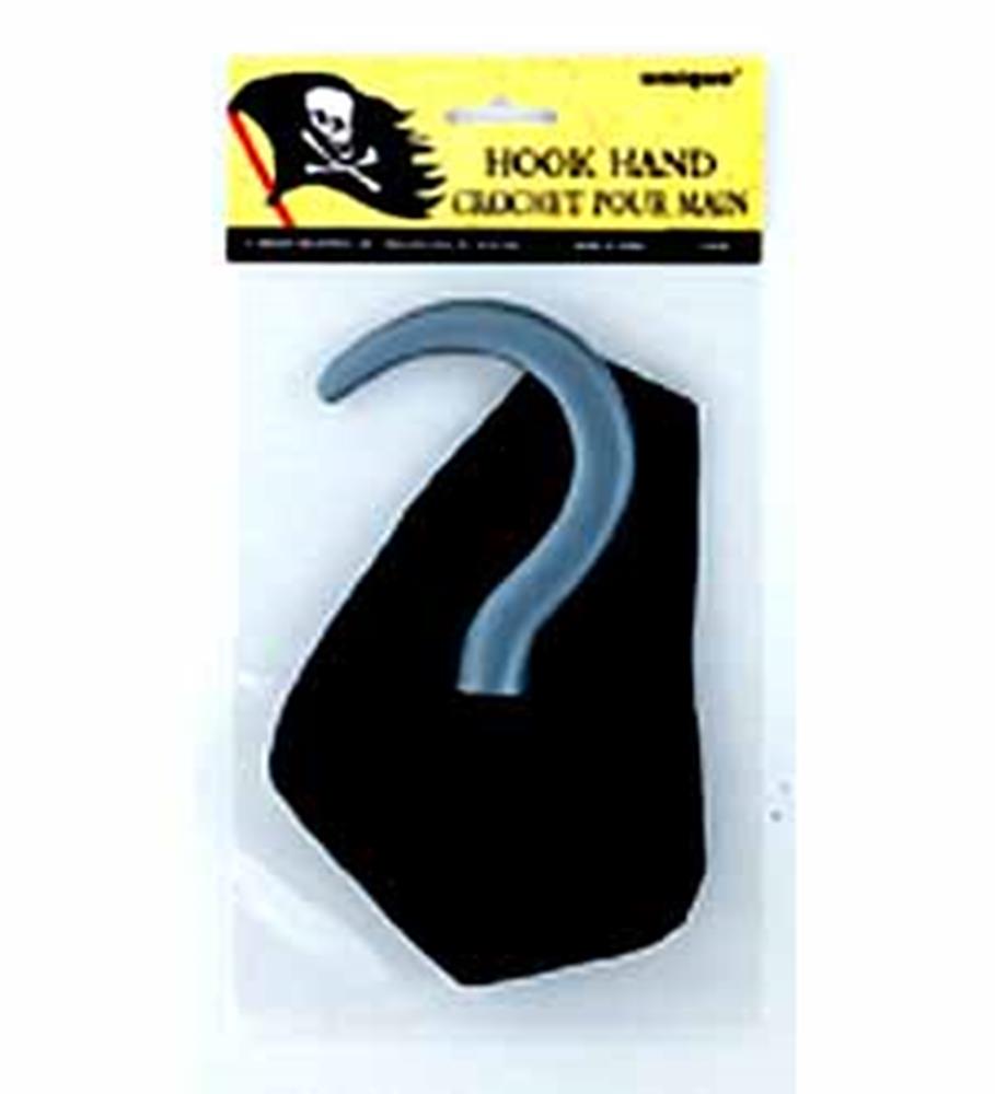 Gray plastic pirate hook with black fabric cuff in retail packaging with yellow pirate-themed header card.