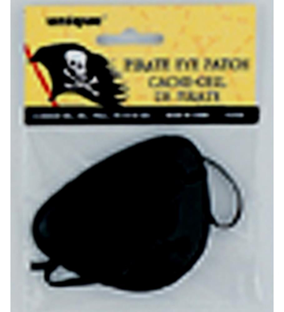 Black pirate eye patch with elastic strap on yellow and clear branded packaging.