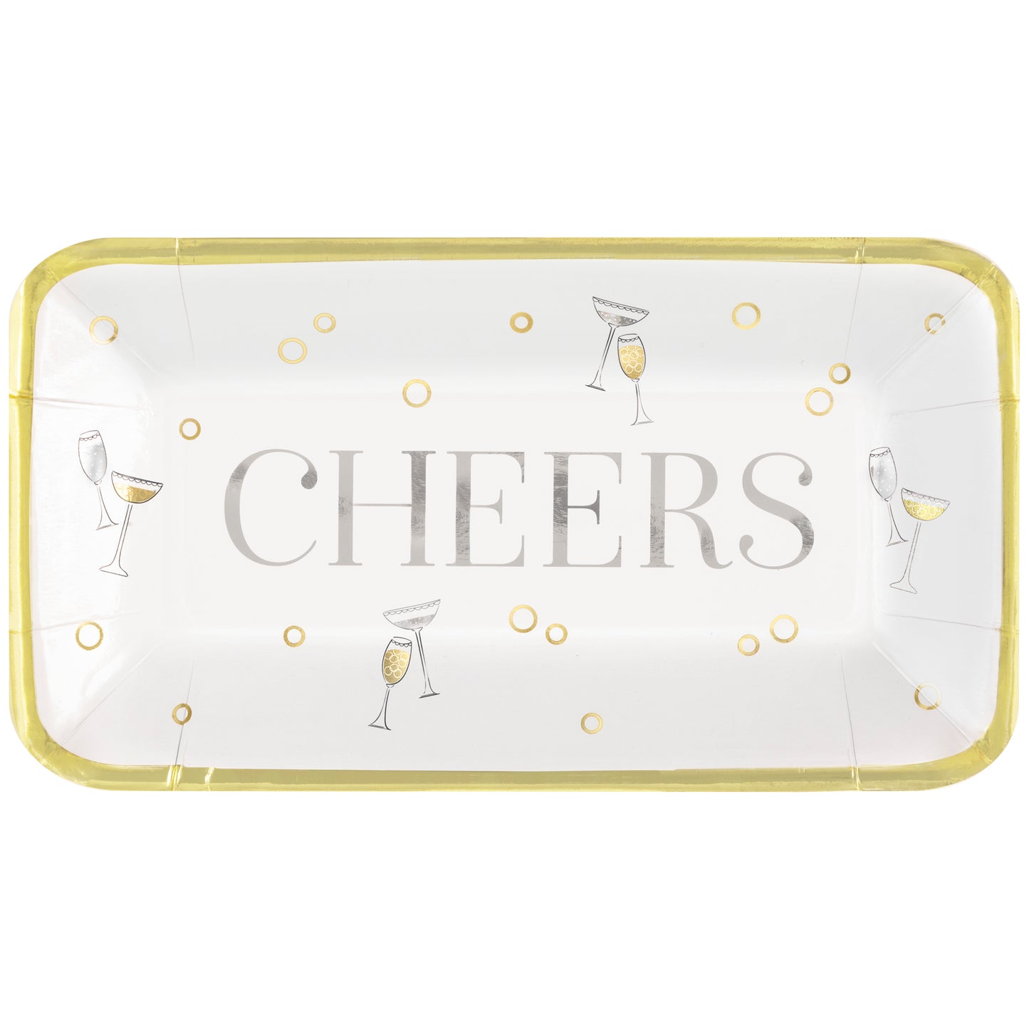 Rectangular white appetizer plate with gold rim, champagne glasses, bubbles, and "CHEERS" text.