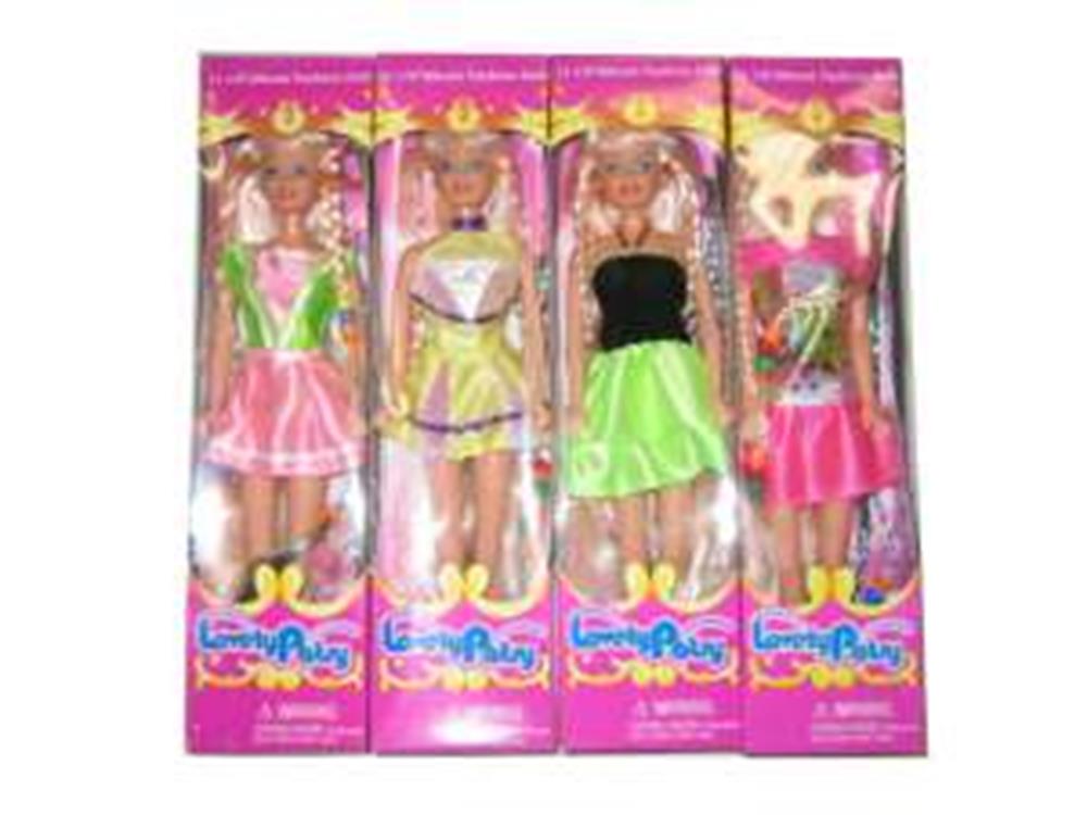 Set of four blonde dolls dressed in colorful party outfits with skirts and accessories in pink, green, yellow, and black.