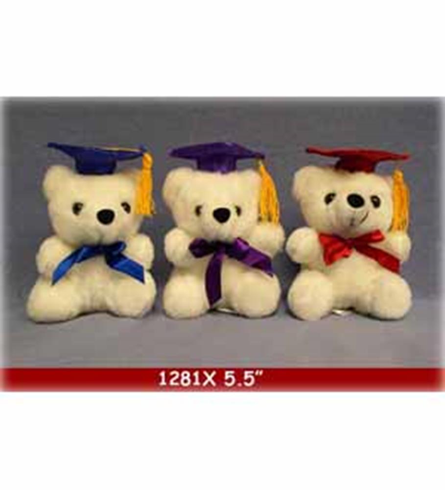 Three 5.5-inch white plush bears wearing graduation caps in blue, purple, and red with matching ribbon bows and yellow.