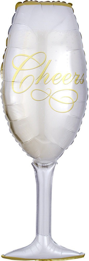 38-inch white foil champagne glass balloon with gold "Cheers" script and decorative trim.
