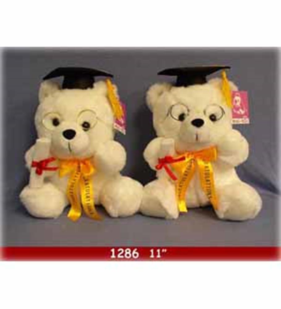 Two 11-inch cream teddy bears wearing black graduation caps and colorful ribbon bows.