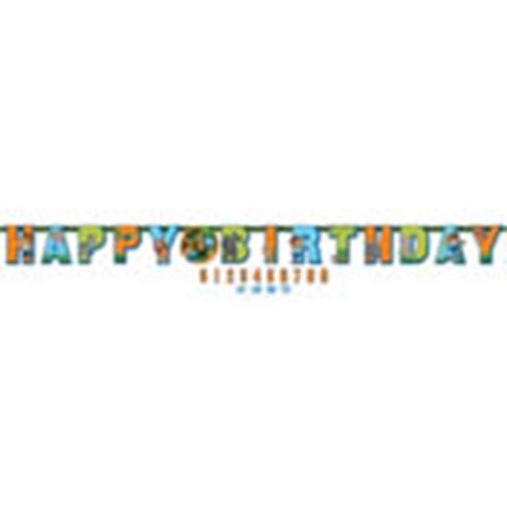 Colorful jumbo letter banner spelling "Happy Birthday" with cartoon characters and playful design.
