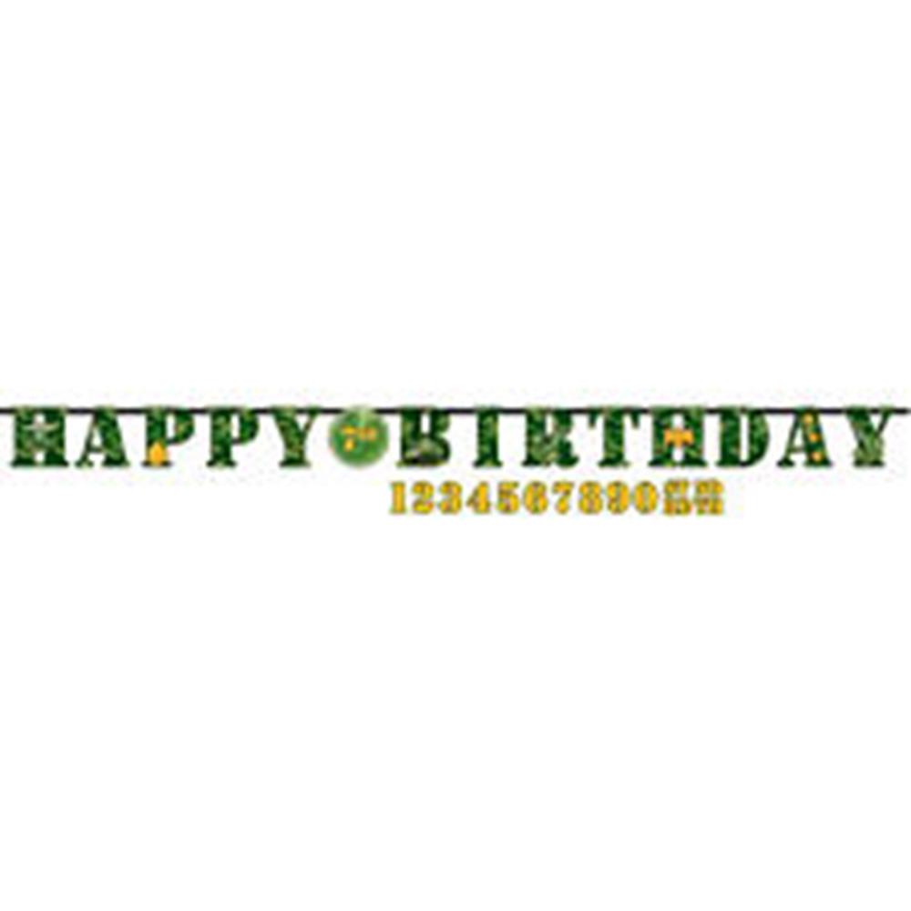Camouflage patterned "Happy Birthday" banner with green letters and a removable gold number set below for customizable age.