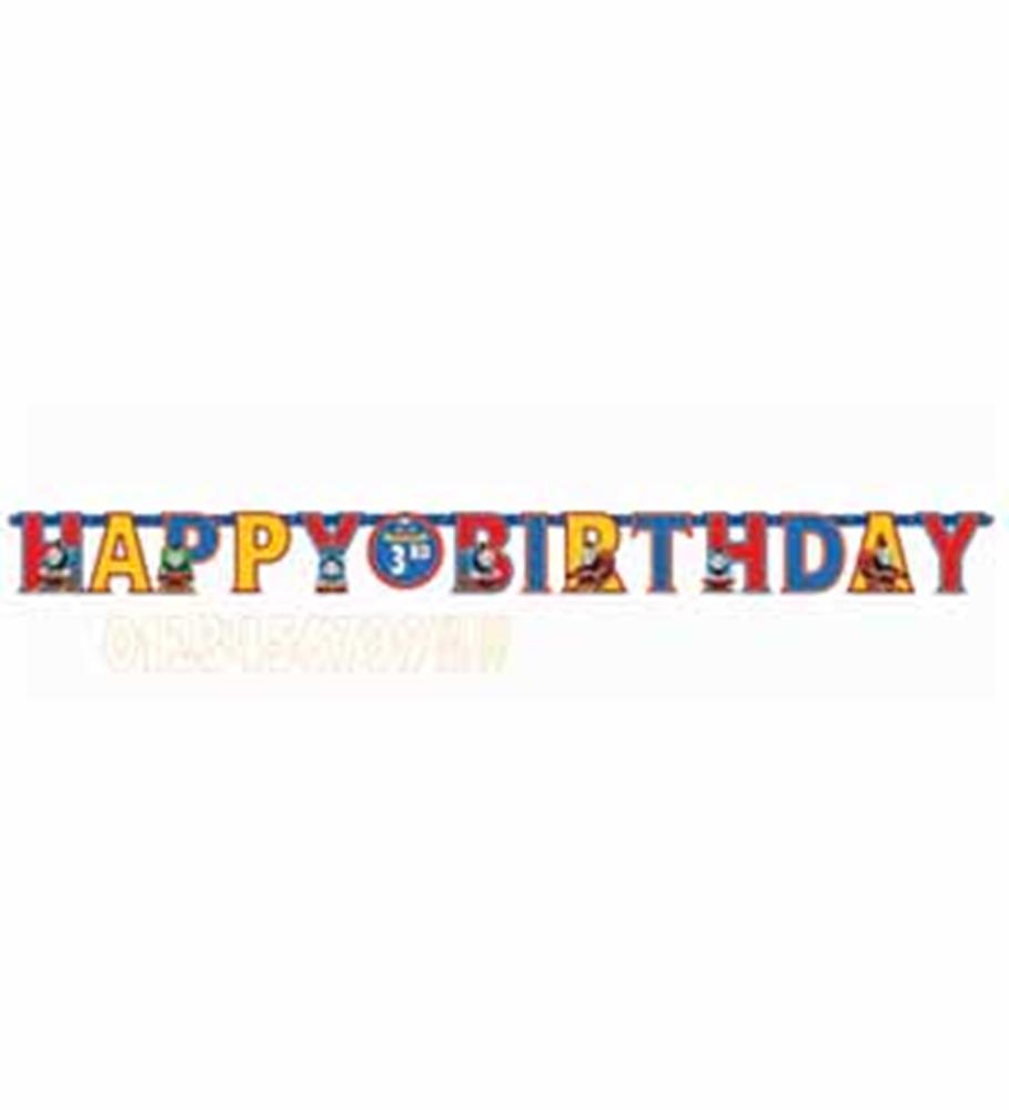 Colorful 10ft birthday banner with letters spelling "Happy Birthday" featuring Thomas the Tank Engine faces on a blue and.