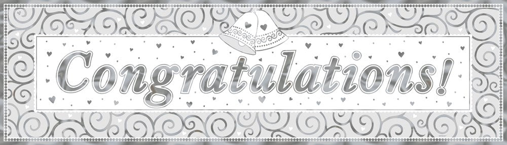 Silver metallic giant banner with "Congratulations!" text in elegant cursive font on a swirling decorative background.