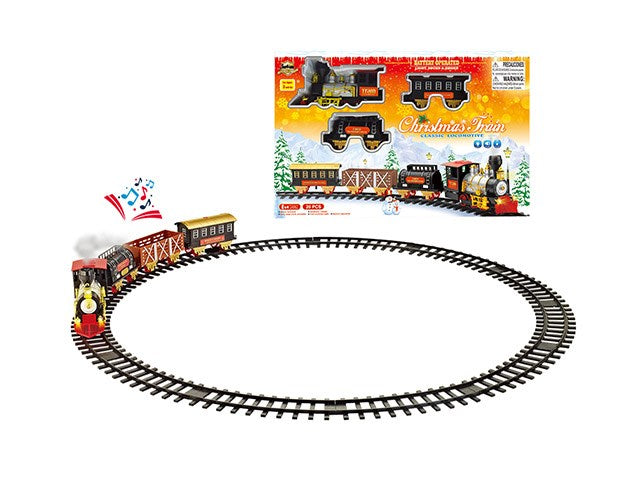 Christmas-themed toy train set on circular black track with locomotive and three cars, colorful holiday design.