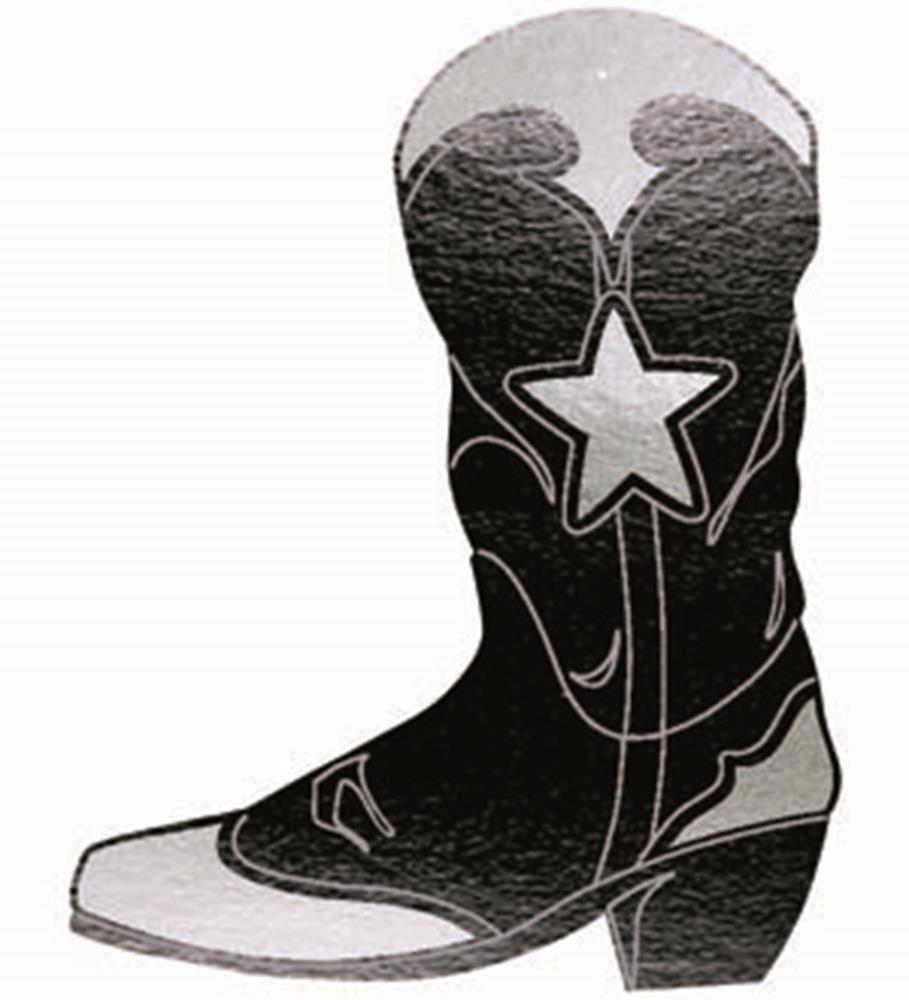 Black cowboy boot cutout with white star and western stitching, 16 inches tall.