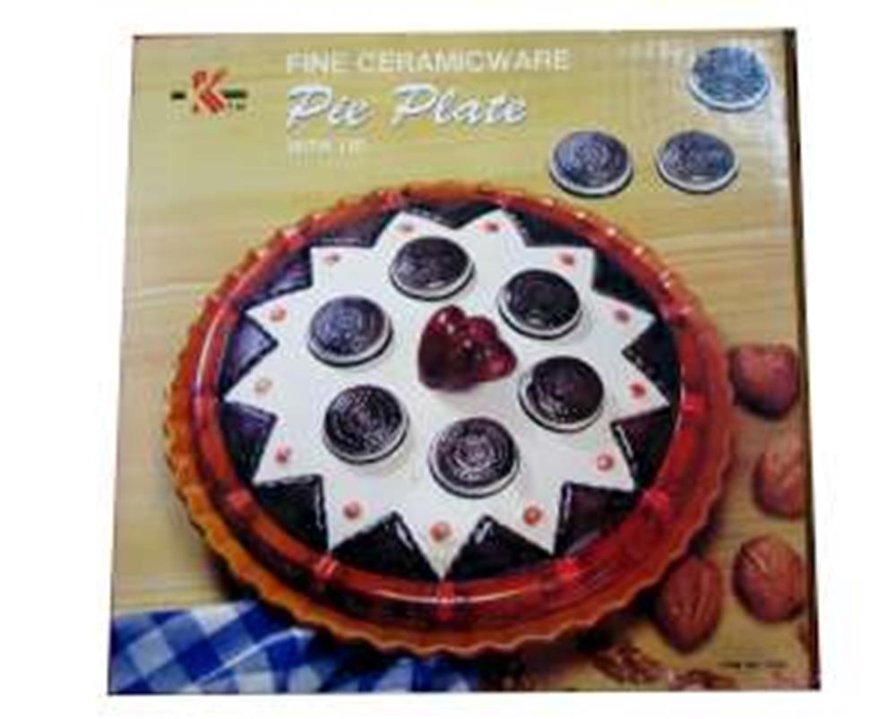 Ceramic chocolate pie plate with decorative chocolate and cream pie design, scalloped edges.