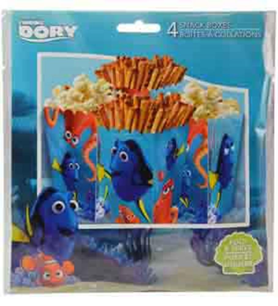 Set of four blue snack boxes featuring Finding Dory characters with popcorn and pretzels designs.