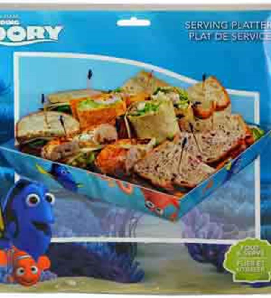 Rectangular blue plastic serving platter featuring Finding Dory characters, holding assorted sandwiches.