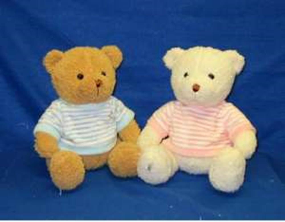Two 10.5-inch plush teddy bears, one light brown and one cream, each wearing a soft striped shirt—blue and white for the.