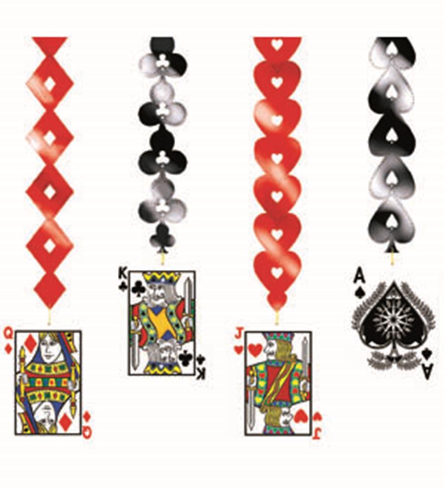 Red diamond, black club, red heart, and black spade hanging cutouts with matching face cards.
