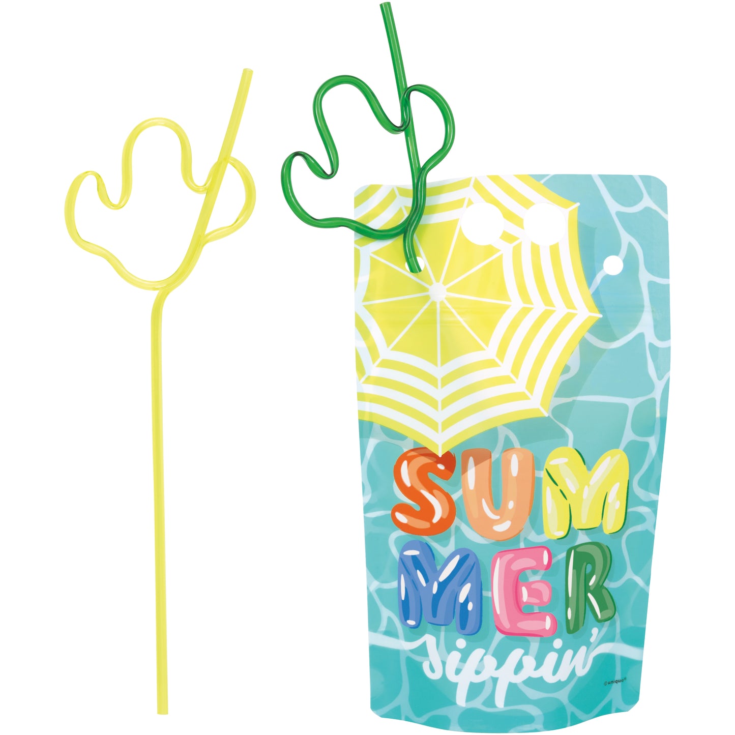 Summer Fun Drink Pouches With Cactus Shaped Straw 4ct